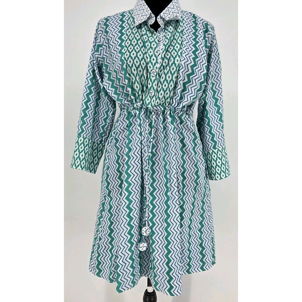 Gretchen Scott Linen Blend Chevron Print Dress Large Green Blue